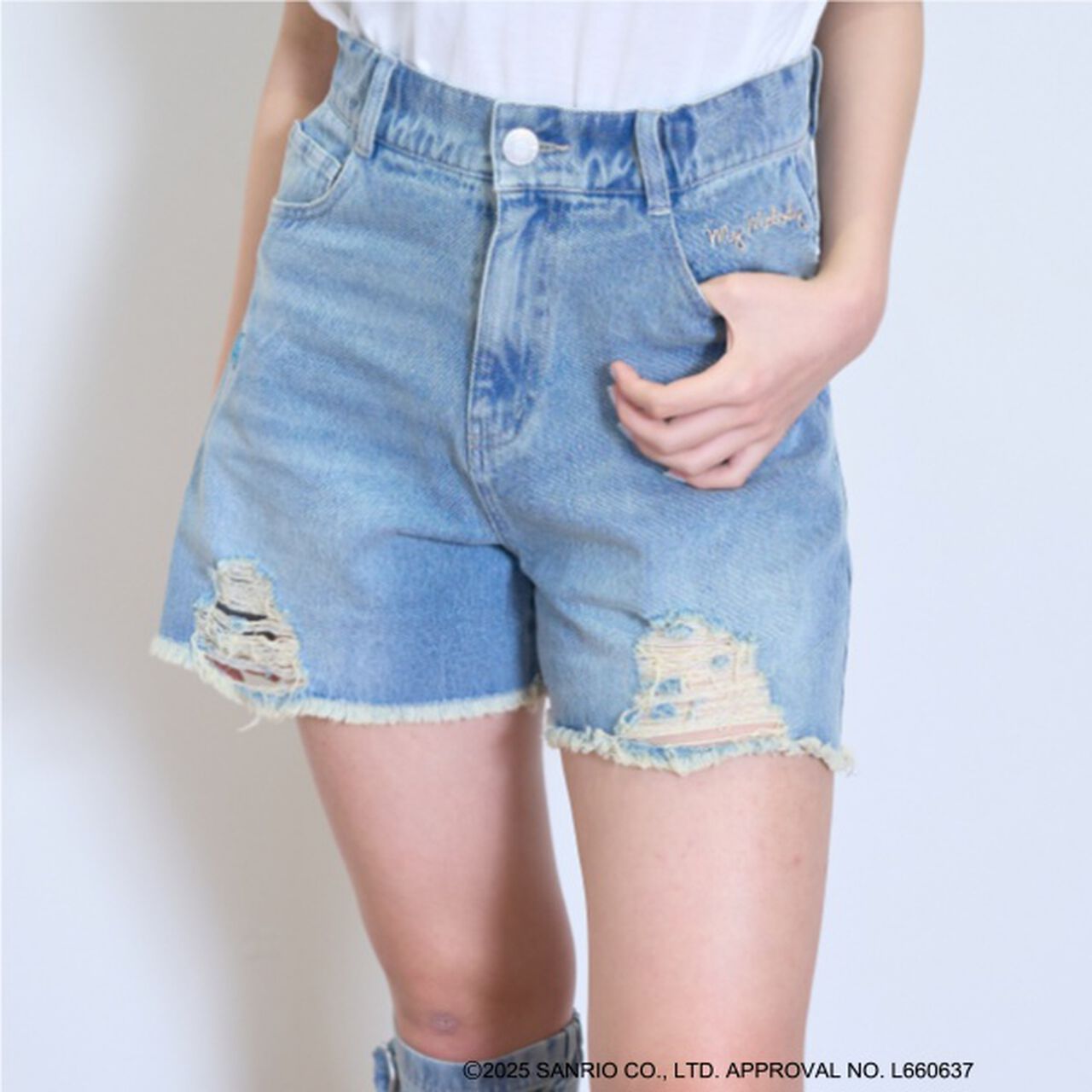[My Melody & Kuromi] Distressed Shorts,Gray, large image number 5