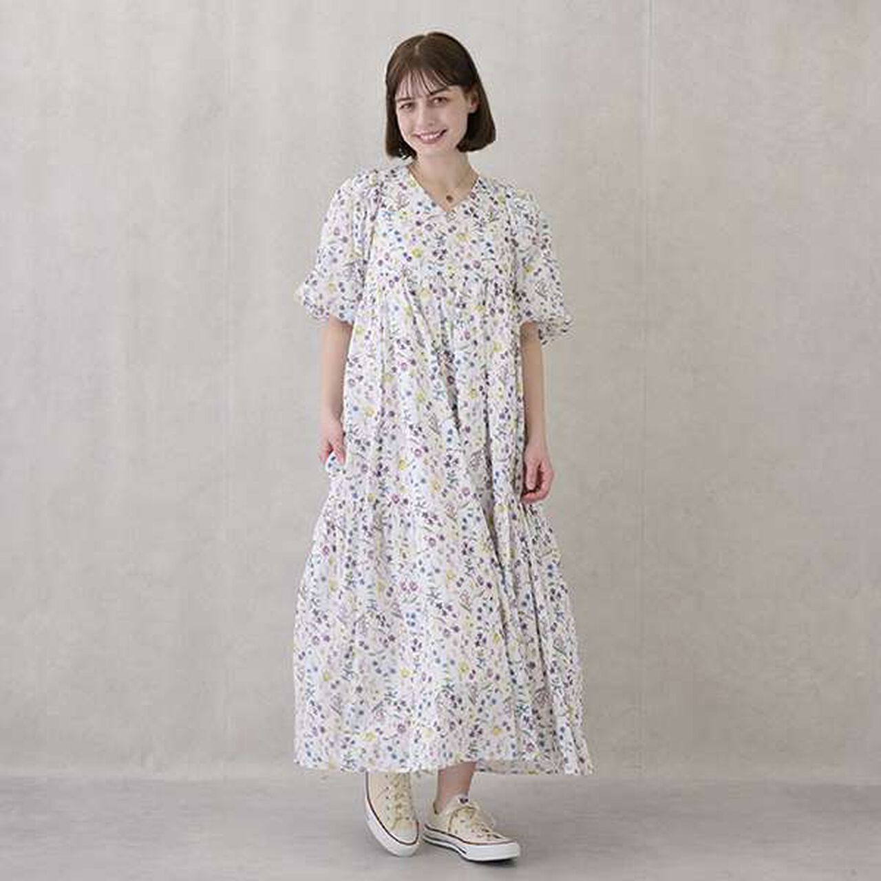 [Link] Lame Stripe & Floral Pattern One-Piece Dress,Light blue, large image number 1