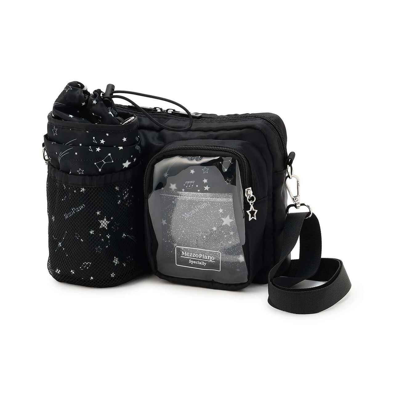 Zodiac & Musical Note Pattern Shoulder Bag with Bottle Holder♪,Black, large image number 14