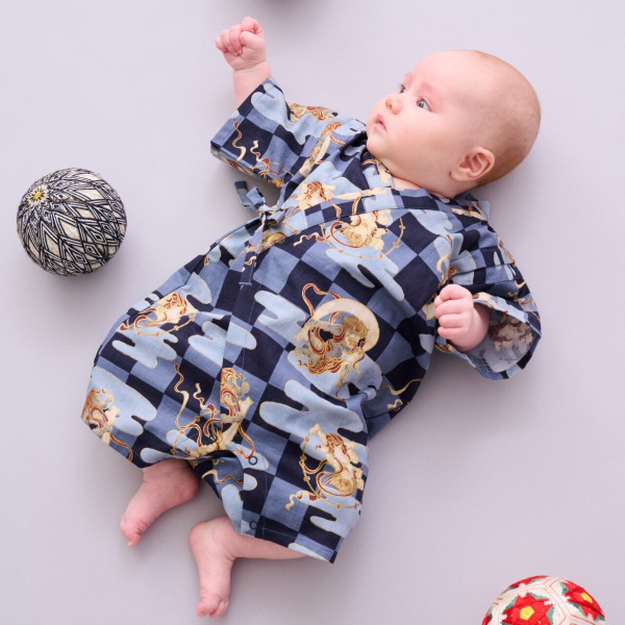 Jinbei All-in-One (Checkered Wind God & Thunder God Pattern),Navy, large image number 0