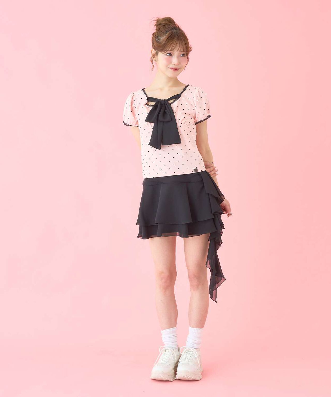 Front Ribbon Polka Dot Short Sleeve T-Shirt,Pink, large image number 3