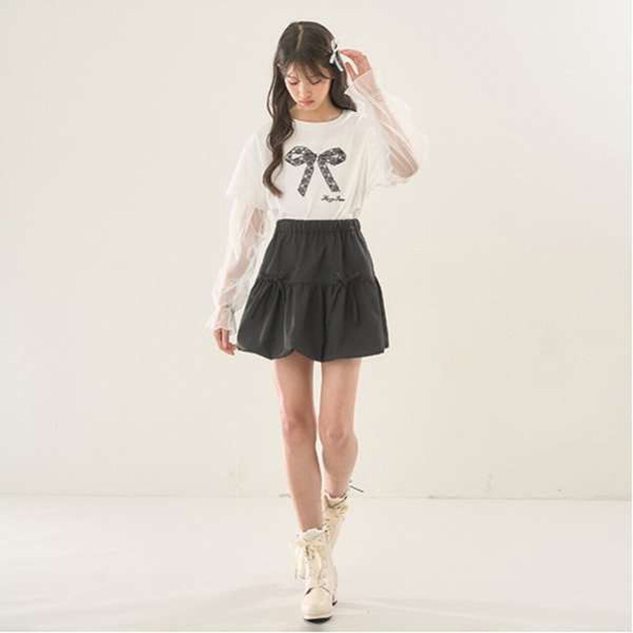 Tulle Layered Sleeve T-Shirt,Light pink, large image number 6