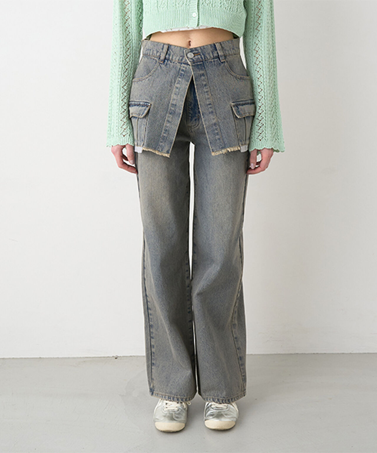 Wrap Denim Wide Pants,Navy, large image number 0