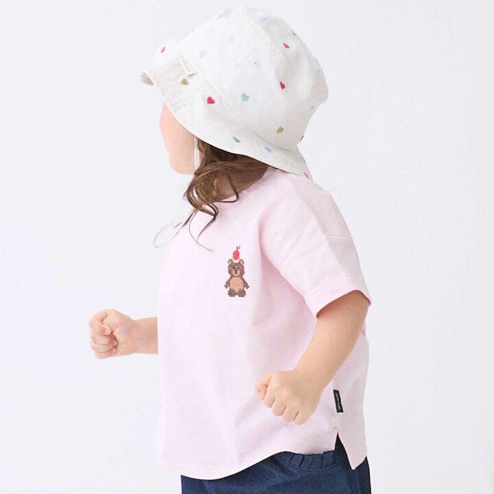 [Food Stain Resistant] Embroidered Short Sleeve T-Shirt,Coral red, medium image number 3