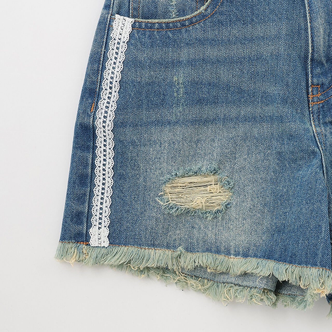 Side Lace Distressed Shorts,Blue, large image number 5