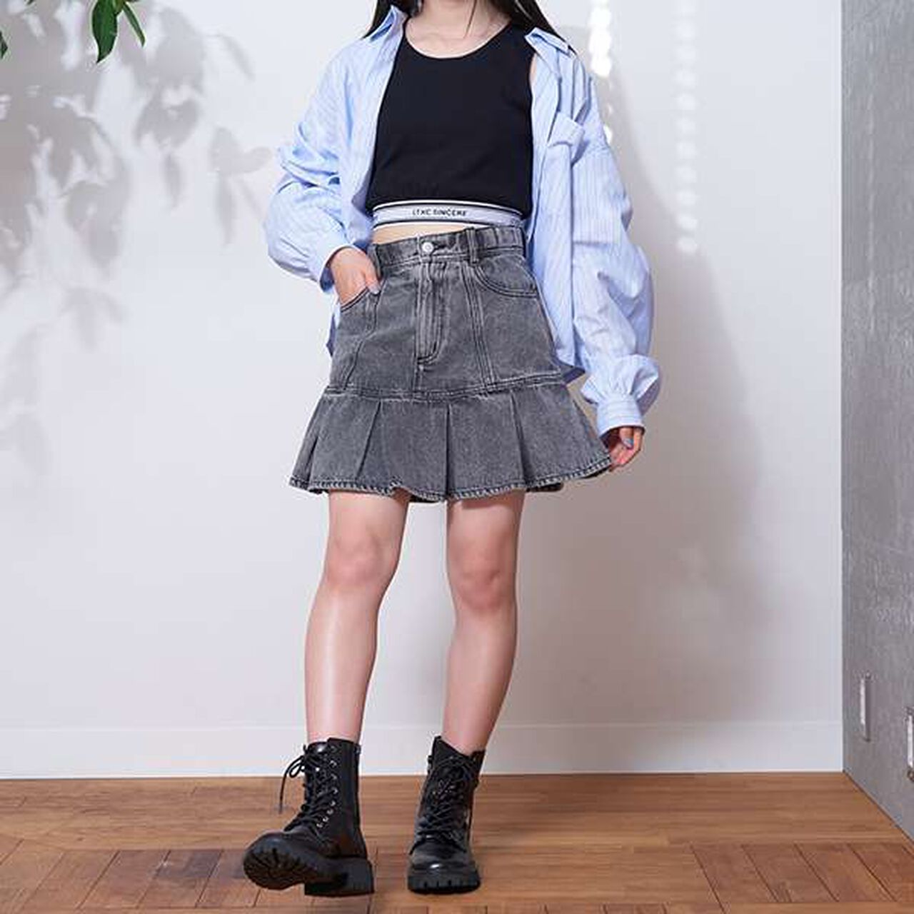 LTXC - Denim Box Pleat Skirt with Inner Shorts,Blue, large image number 18