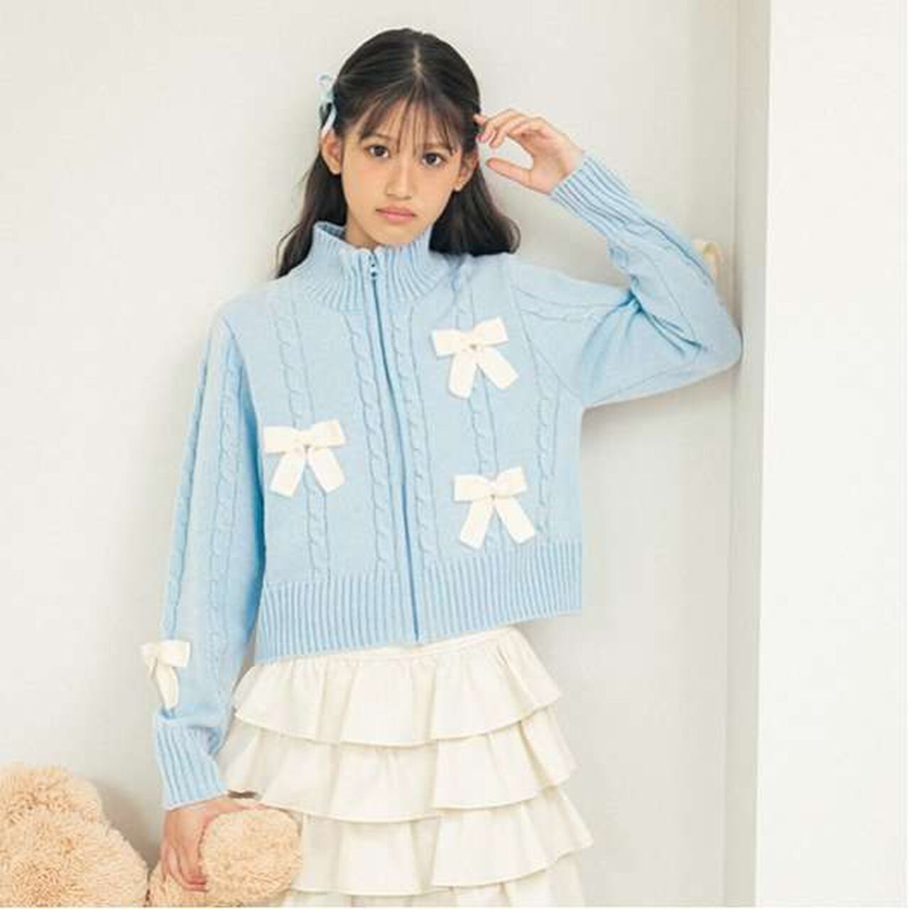 W Zip Ribbon Cardigan,Sax blue, large image number 0