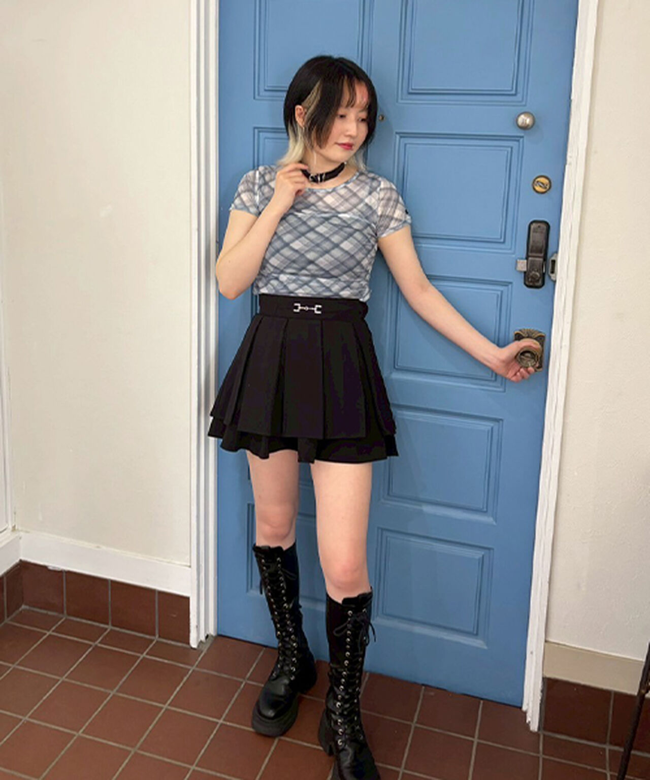 Checkered Sheer Short-Sleeve Inner Wear,Light blue, large image number 11