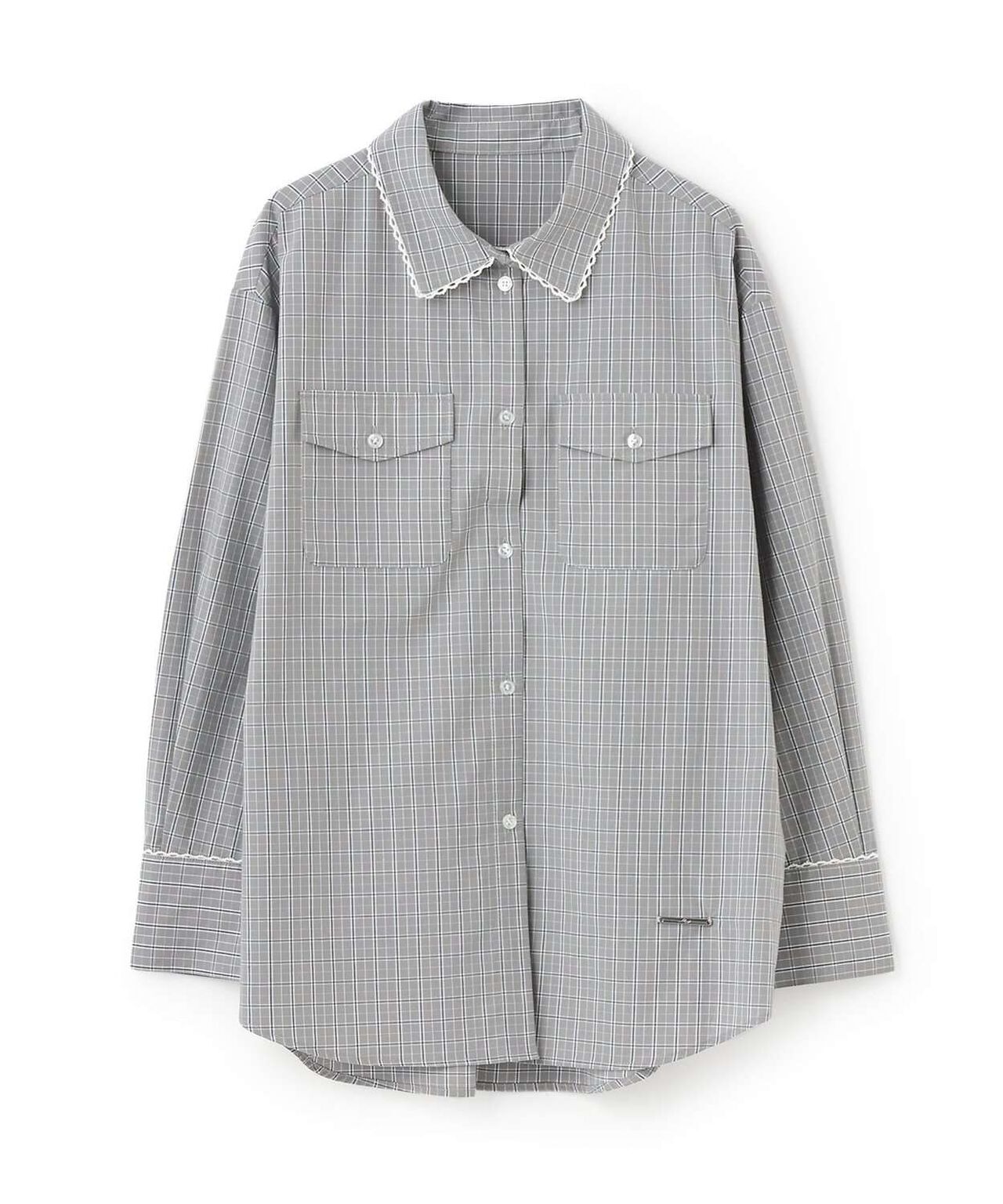 Checkered Shirt with Logo Plate [Korean Fashion],Gray, large image number 7
