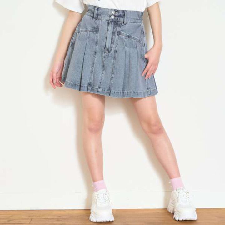Denim Pleated Skirt-Pants for Beautiful Legs,Light blue, medium image number 0