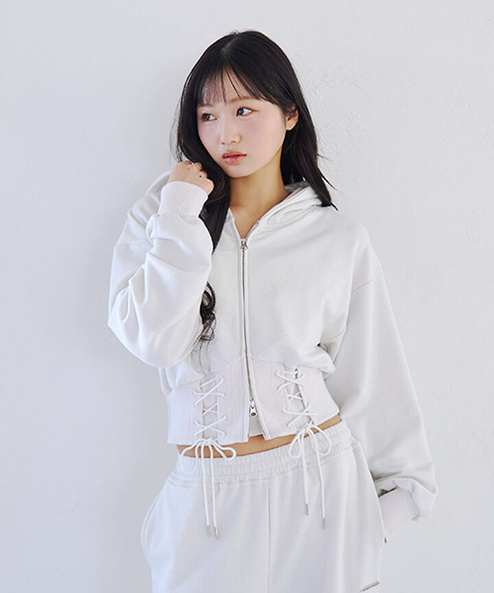 Lace-Up Sweatshirt Hoodie,Off white, medium image number 3