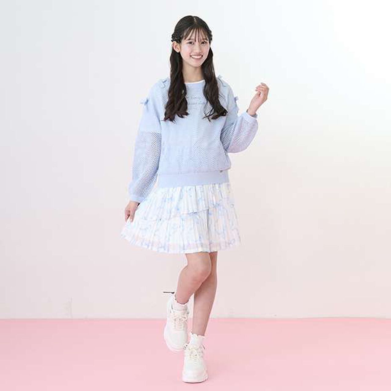 Lurex Mesh Knit & Short Sleeve T-Shirt Set,Light pink, large image number 4