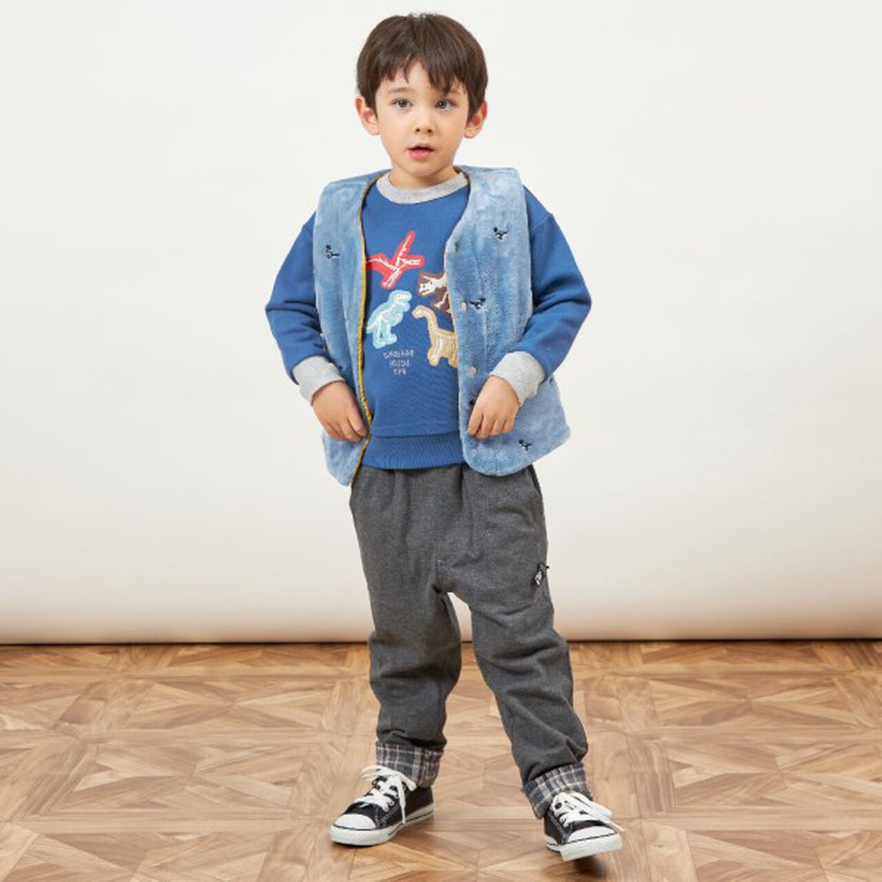 KPBOY Dinosaur Reversible Boa Lined Padded Vest (80-130),Blue, large image number 11