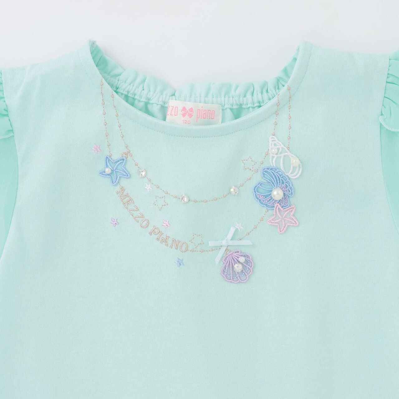 [Restocked] Shell Necklace Embroidery Scalloped Hem T-Shirt,Mint, large image number 2