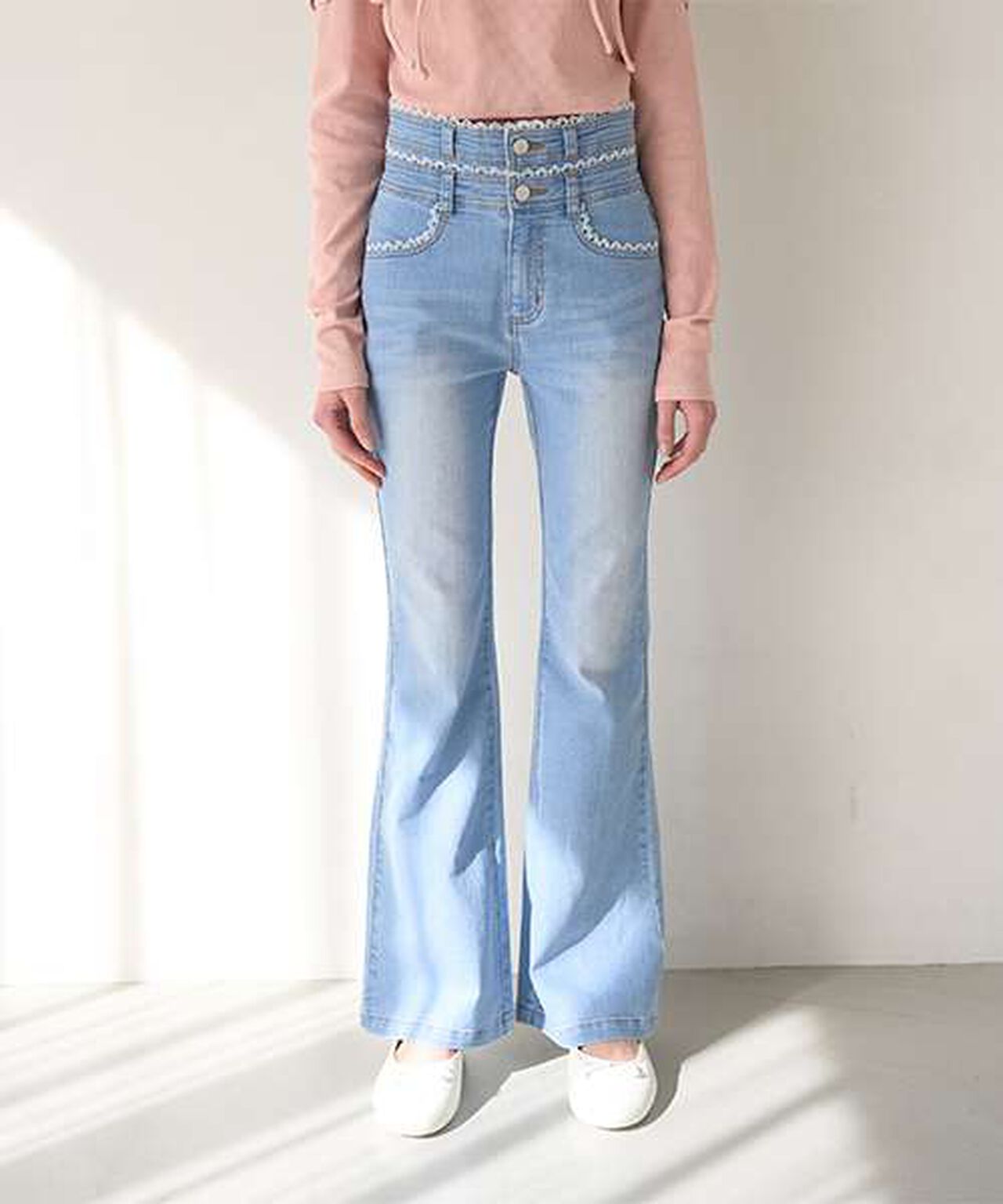 Lace-Trimmed Denim Flare Pants,Light blue, large image number 14