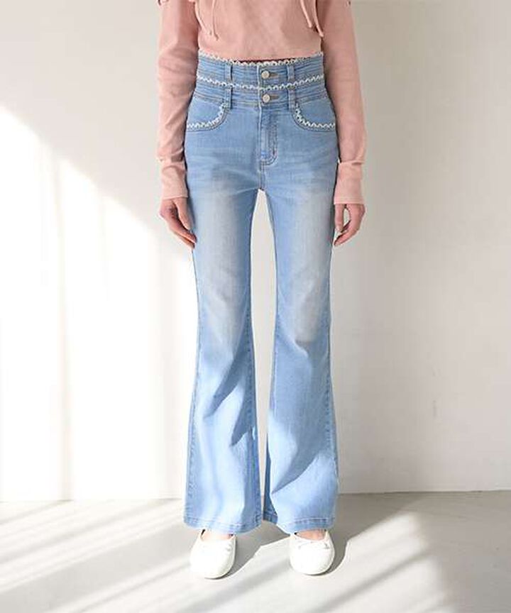 Lace-Trimmed Denim Flare Pants,, medium