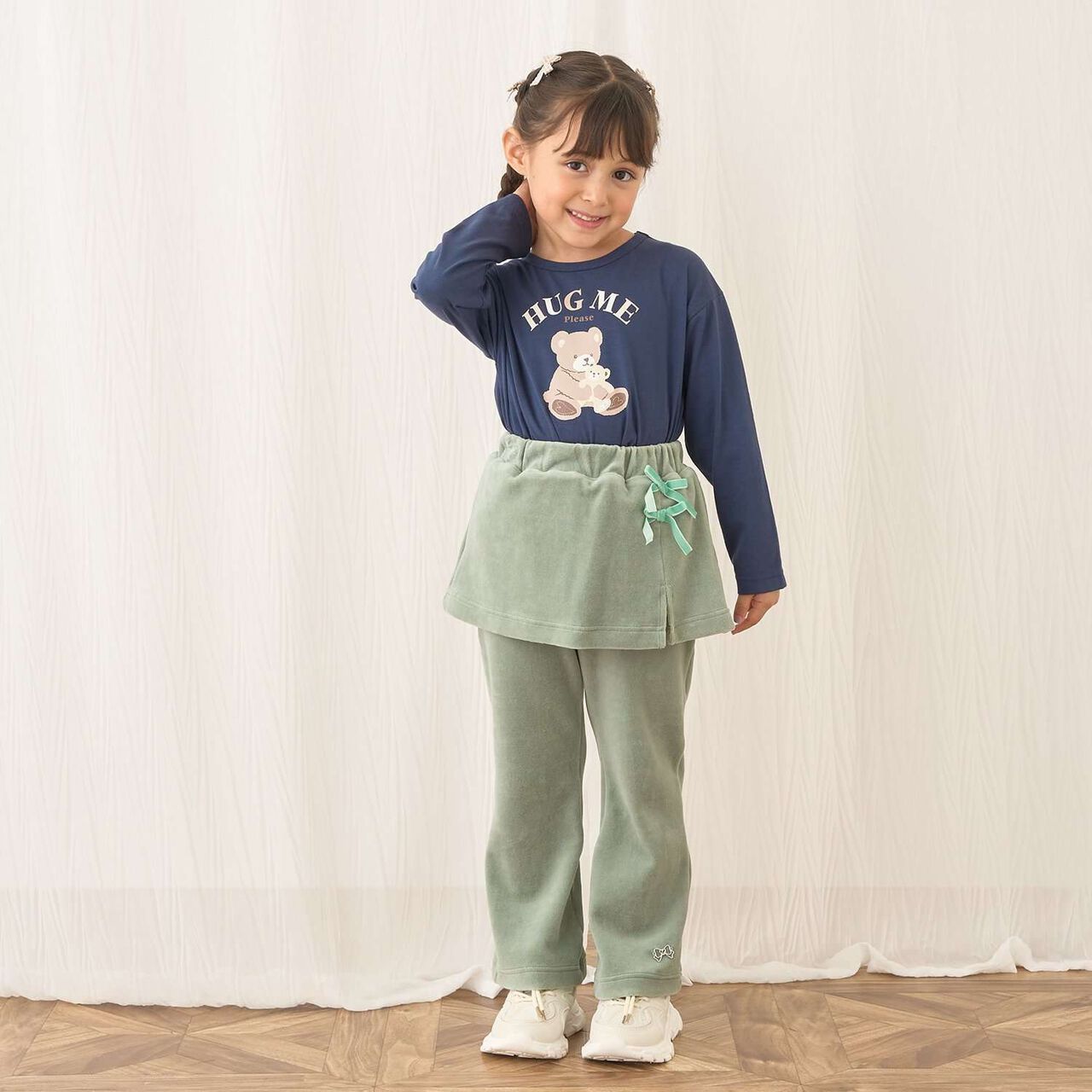 Plush Velour Coordinatable Setup Flared Pants with Skirt,Emerald green, large image number 26