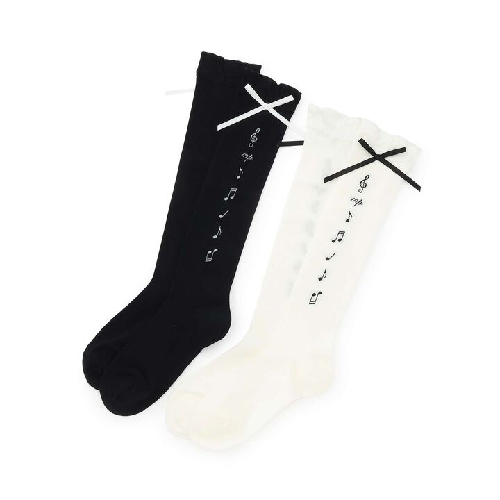 Note & Ribbon Knee-High Socks♪,Black, medium image number 4