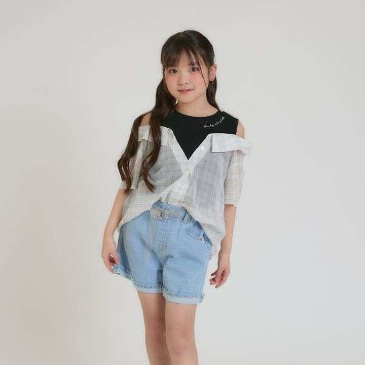 Shoulder Cutout Sheer Check Docking Shirt,Off white, medium image number 20