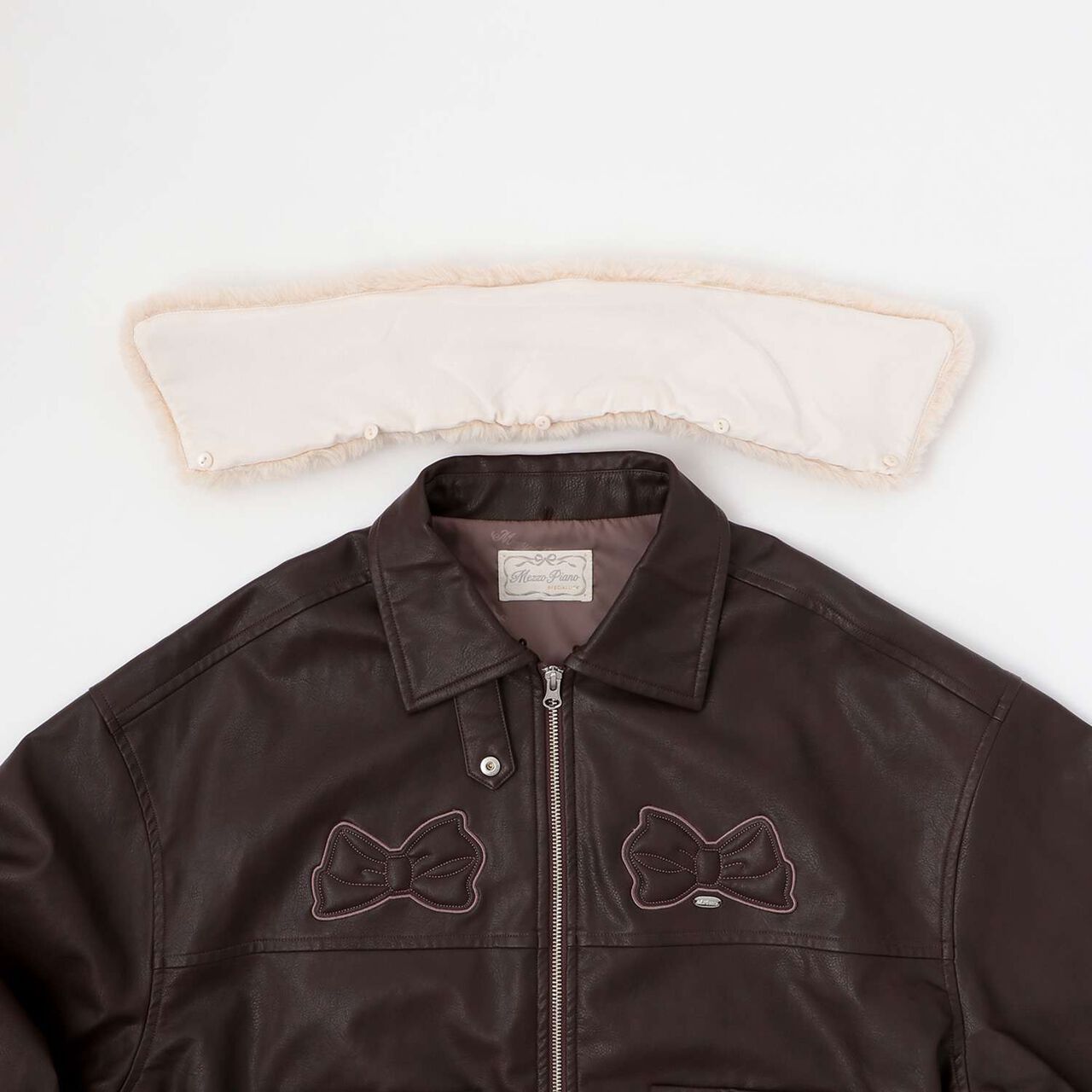 Ribbon Appliqué Faux Leather Jacket (with Faux Fur Collar),Dark brown, large image number 3