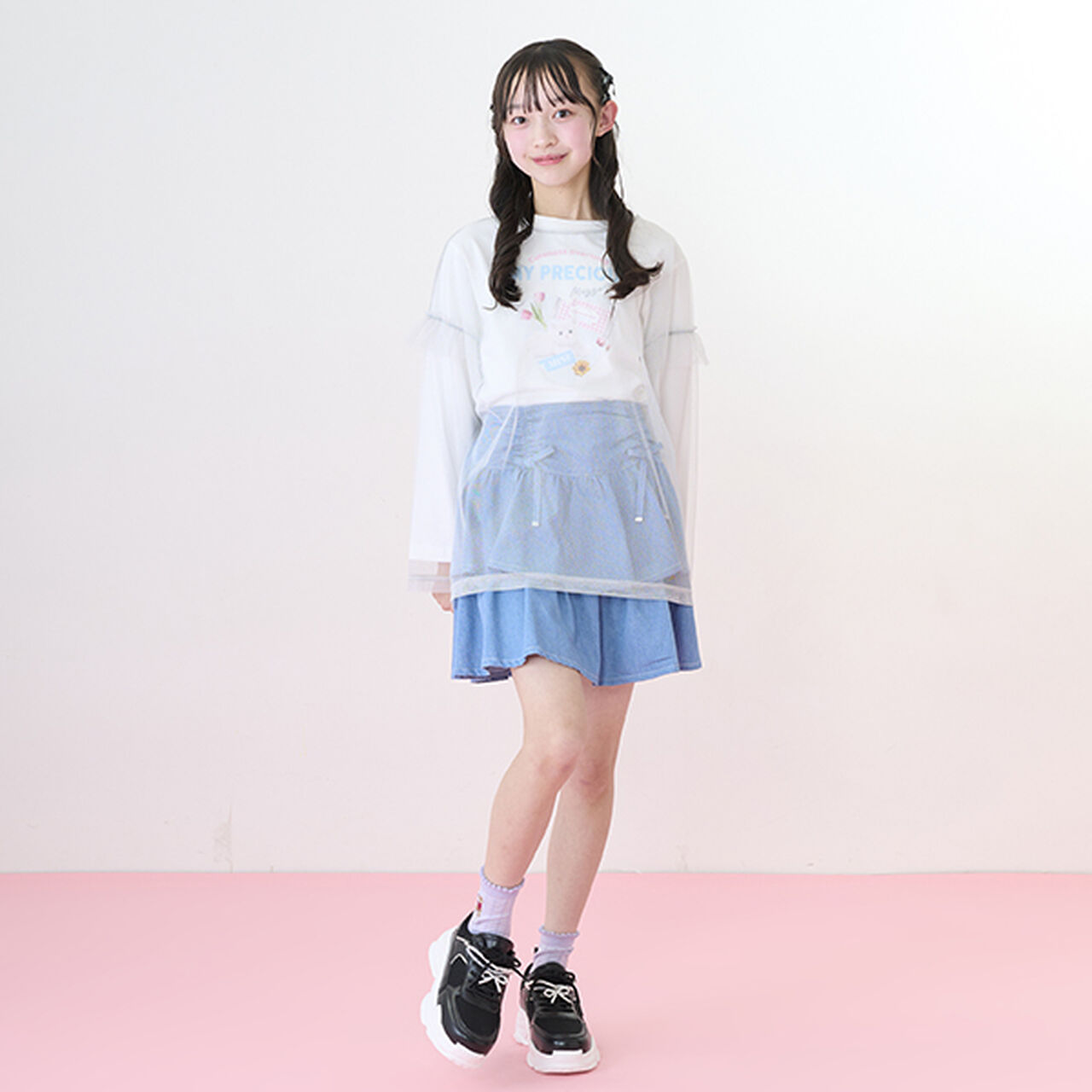 Drawstring Tiered Skirt with Shorts,Light blue, large image number 4