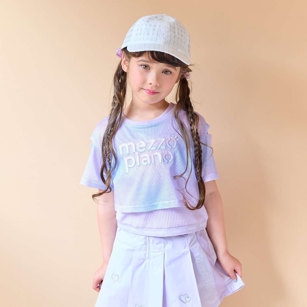 Shoulder-Opening Mesh T-Shirt & Tank Top Set,Lavender, large image number 0