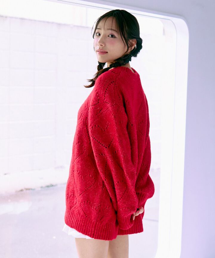 Heart Knit Mix Loose Knitwear [Korean Fashion],Red, medium image number 2