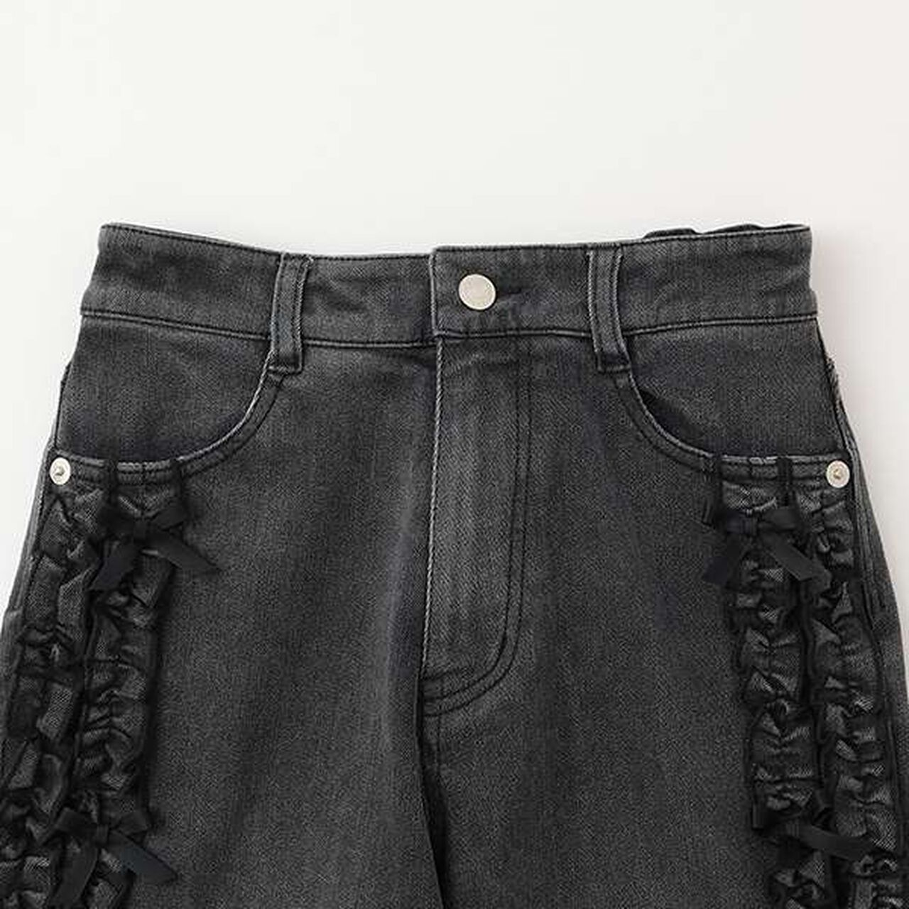 Side Frill Straight Denim Pants,Black, large image number 16