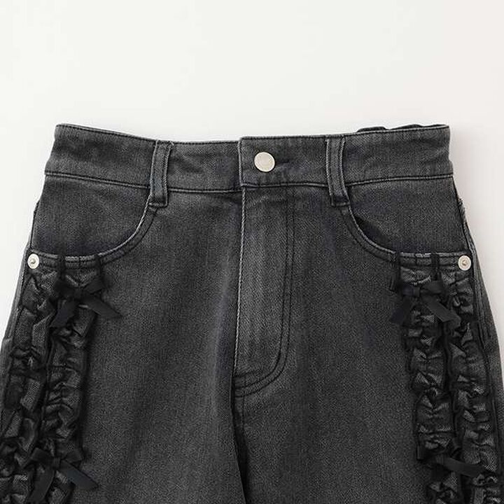 Side Frill Straight Denim Pants,Black, medium image number 16