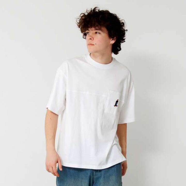 Big Short Sleeve T-Shirt with Pocket and Skater Embroidery,White, medium image number 0