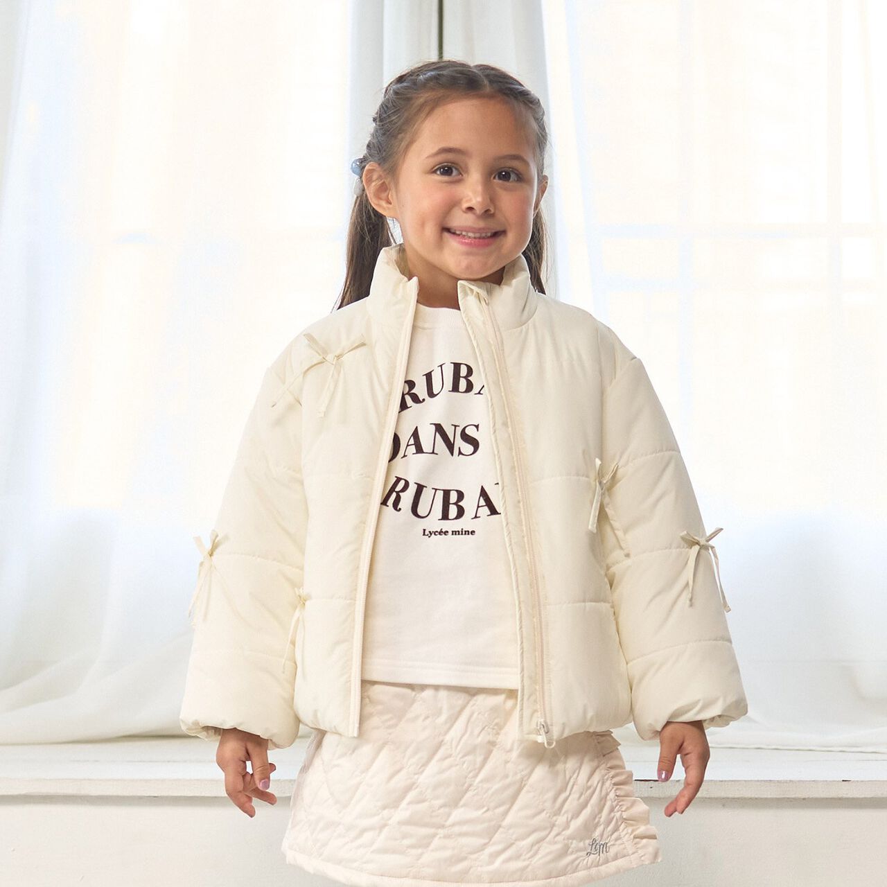 Puff Jacket with Ribbon,Ivory, large image number 0