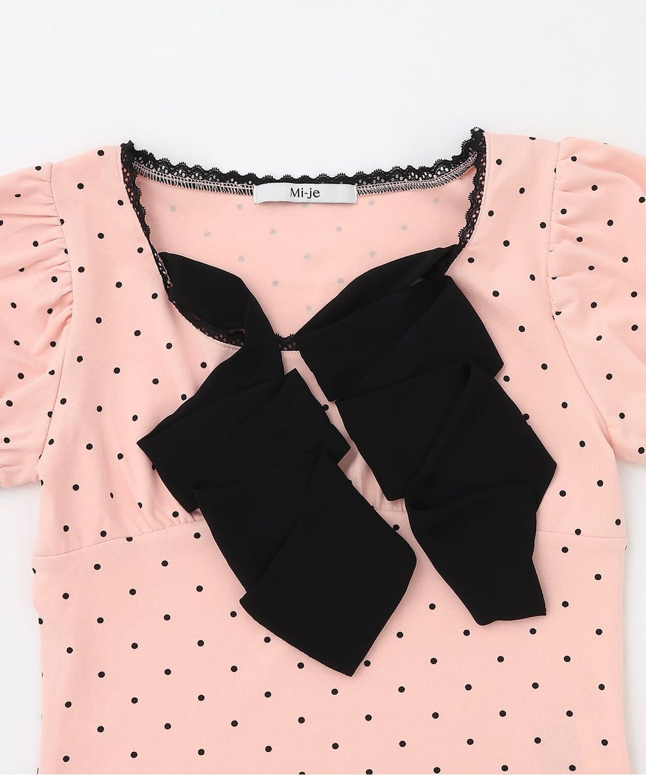 Front Ribbon Polka Dot Short Sleeve T-Shirt,Pink, large image number 9