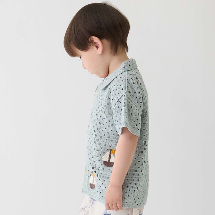 Black Crochet Open-Collar Shirt,Pearl white, medium image number 4