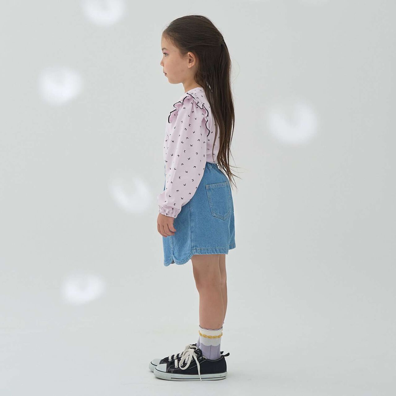 Stretch Denim Scallop Trim Skirt with Shorts,Sax blue, large image number 28