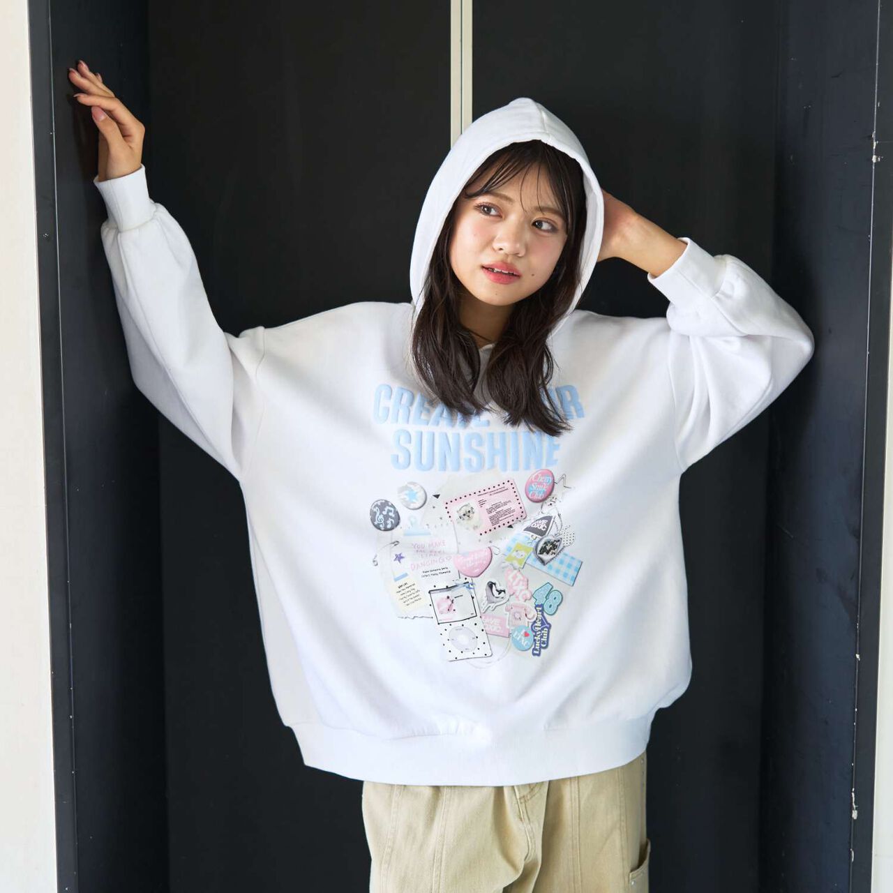LTXC [Wool Lined] Sticker-Style Loose Fit Pullover Hoodie,Off white, large image number 4
