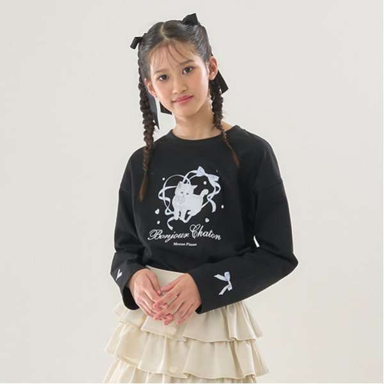 [GOOD PRICE] Bonjour Chaton Long-Sleeve T-Shirt,Black, large image number 0