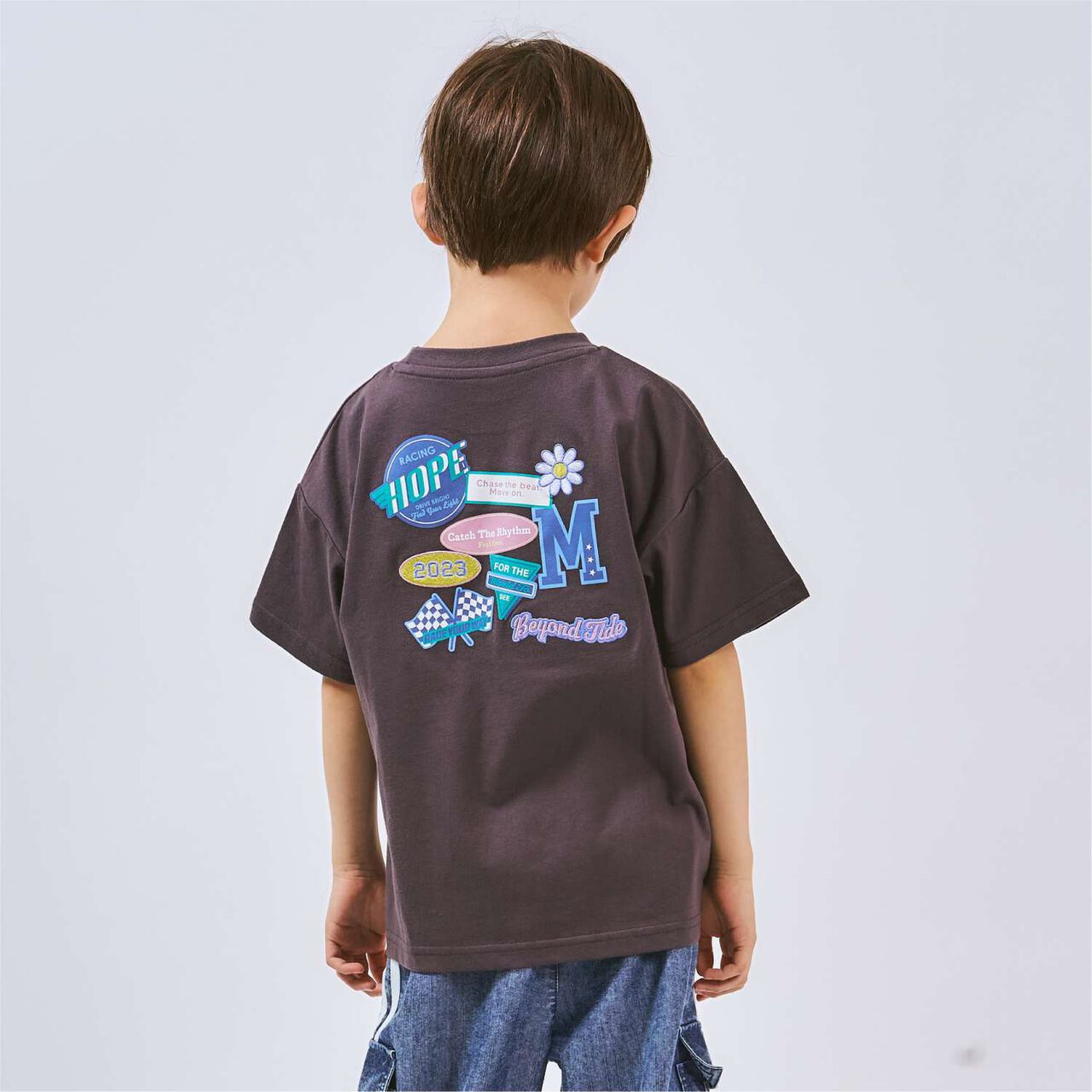 Loose Short Sleeve T-Shirt with Back Patch,Charcoal gray, large image number 0