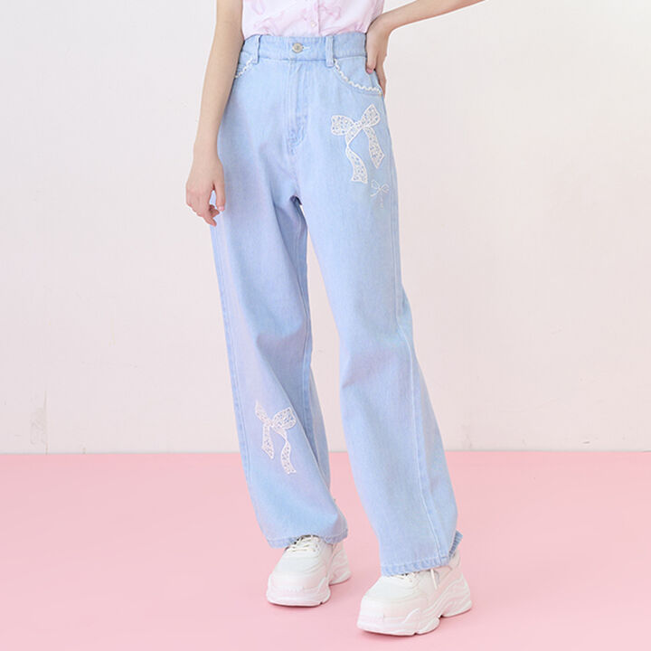 Lace Appliqué Slim Fit Loose Straight Denim Pants,Light blue, medium image number 0