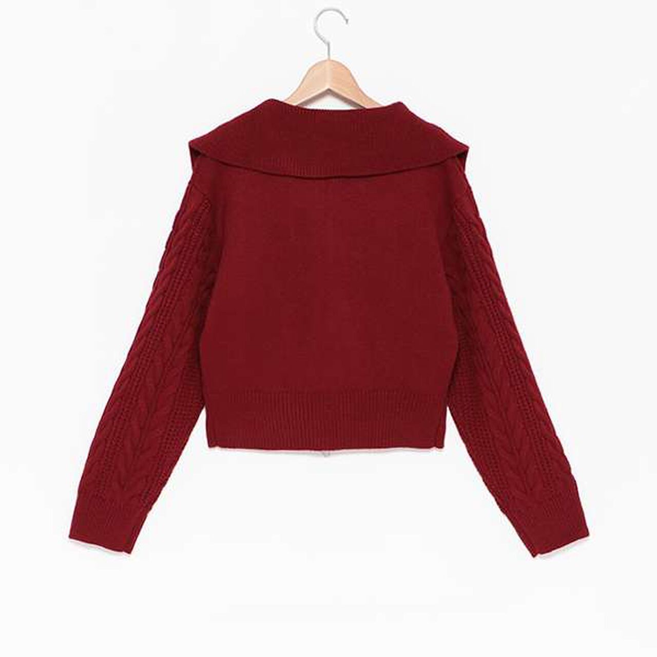 Washable Cable Knit Zip Cardigan,Wine red, large image number 1