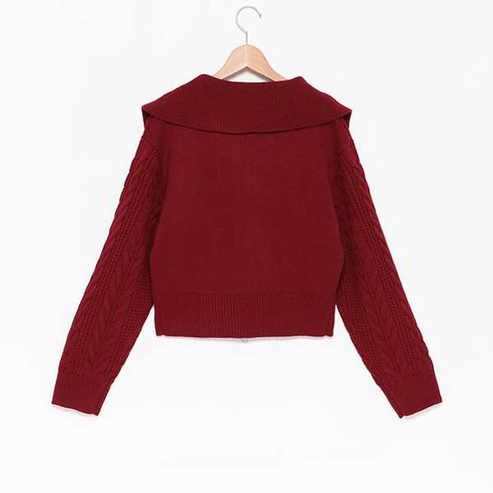 Washable Cable Knit Zip Cardigan,Wine red, medium image number 1