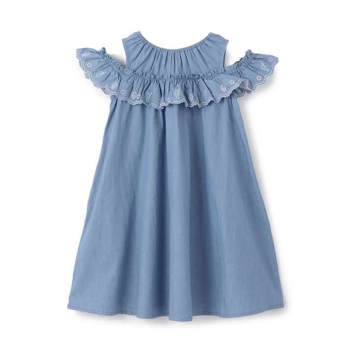 Cutwork Embroidery 2WAY Shoulder-Opening Denim One-Piece Dress [Cool Touch],Sax blue, medium image number 5