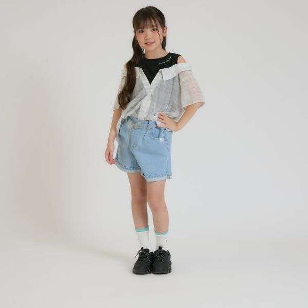 Shoulder Cutout Sheer Check Docking Shirt,Off white, large image number 19