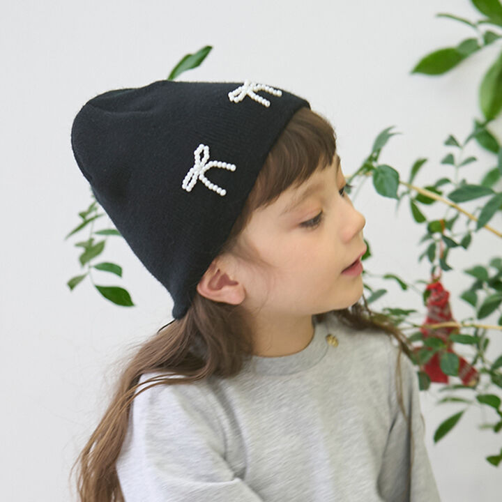Knit Cap with Pearl Ribbon,Black, medium image number 9