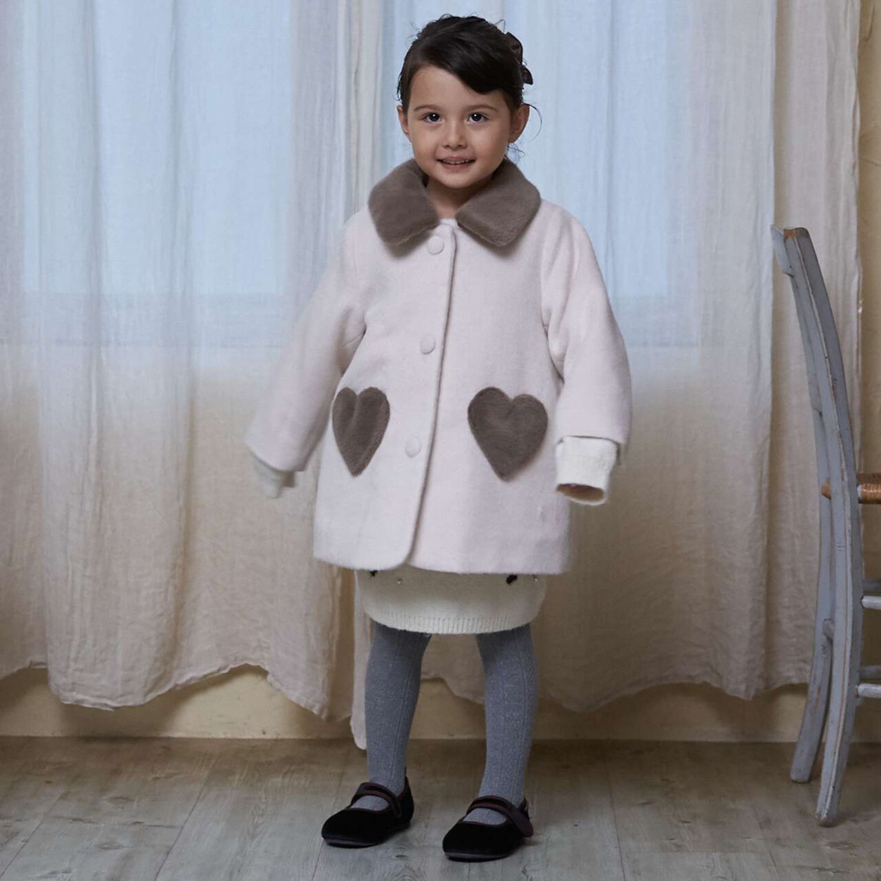 Faux Fur Collar Heart Pocket Coat,Ivory, large image number 0