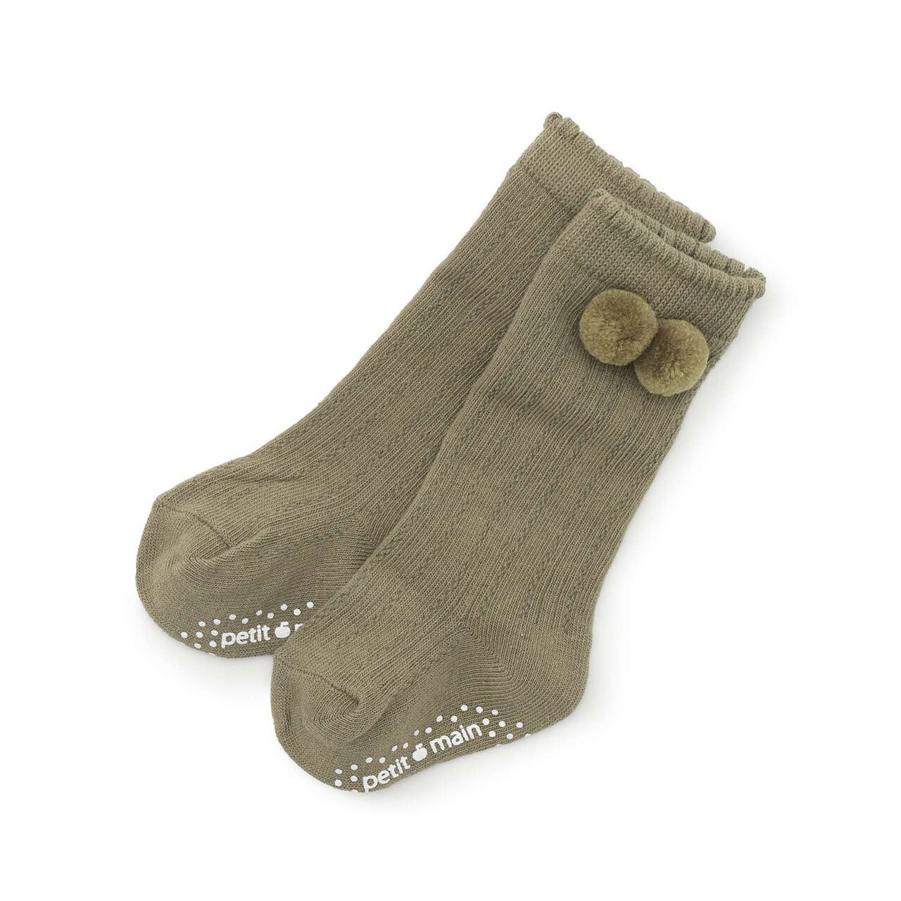Pom-Pom Knee-High Socks,Khaki, large image number 0
