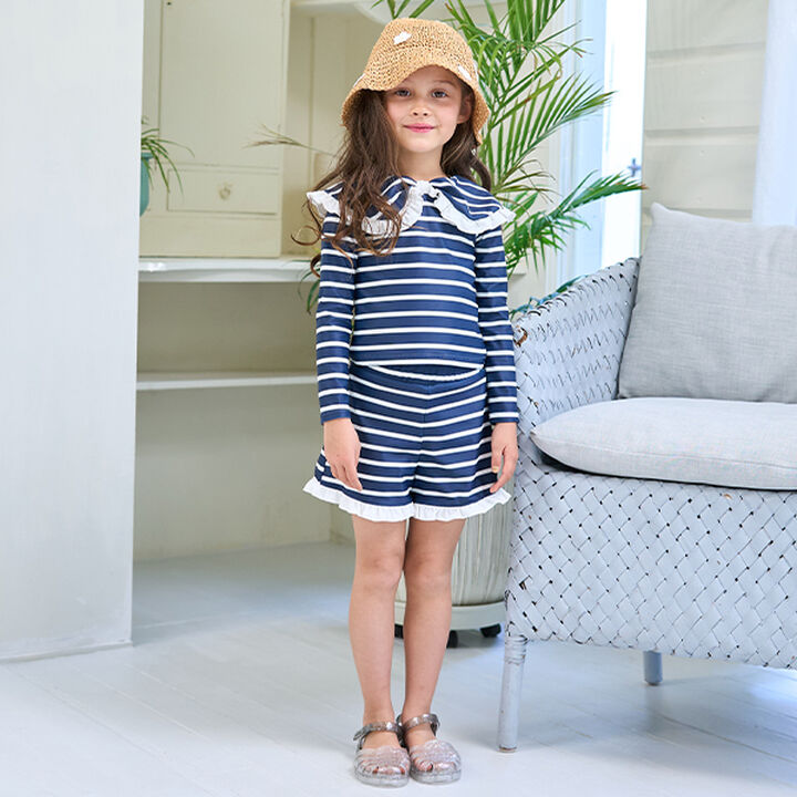 [SWIM] [UV Processing] Assorted Pattern Frill Collar Rash Guard & Pants Set,Navy, medium image number 3