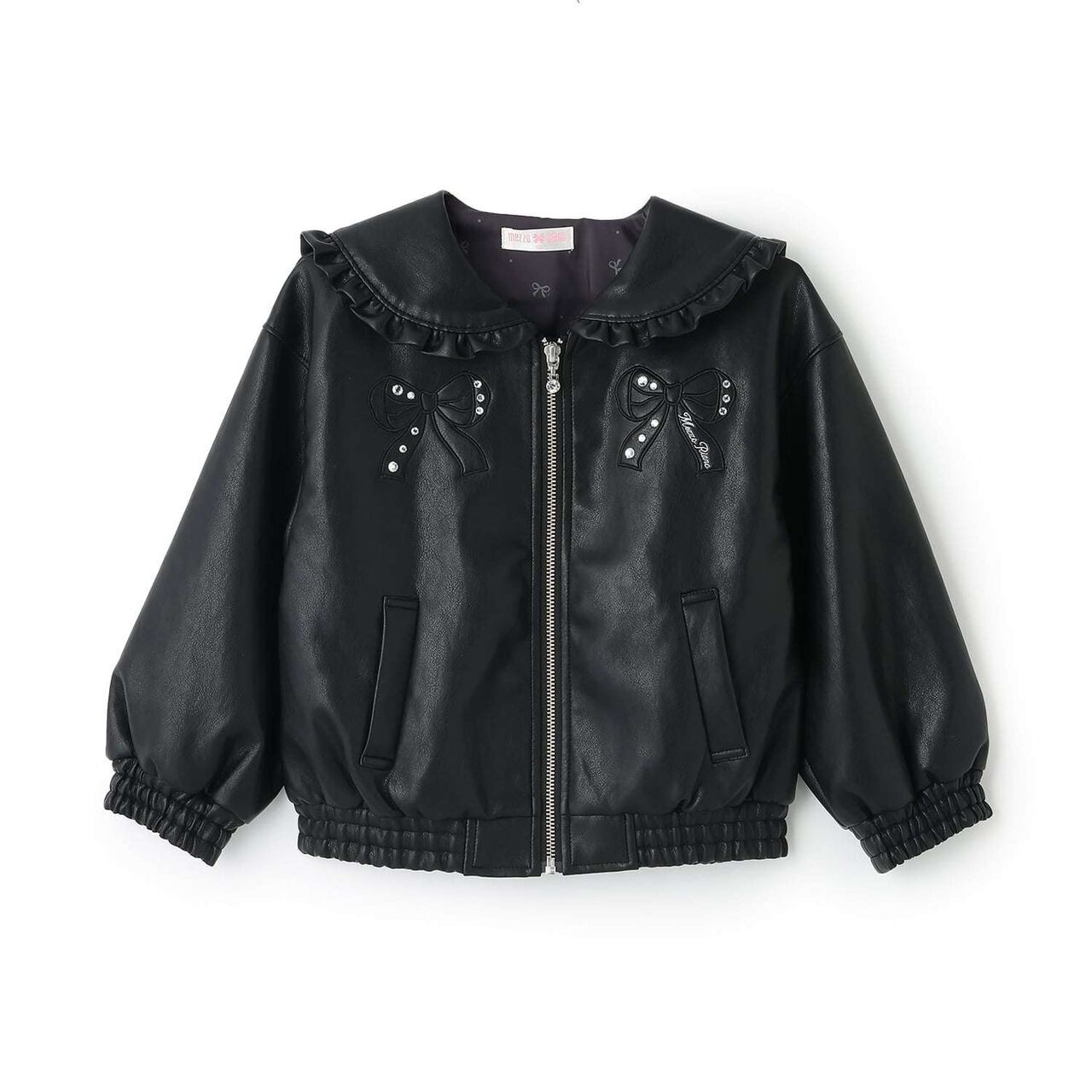 Denim & Faux Leather Sailor Collar Bomber Jacket,Sax blue, large image number 6