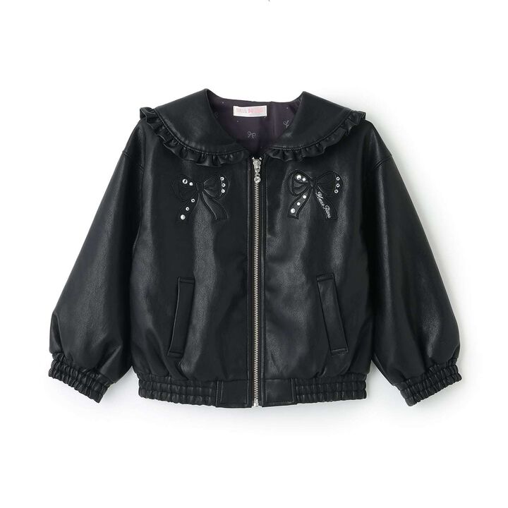 Denim & Faux Leather Sailor Collar Bomber Jacket,Sax blue, medium image number 6