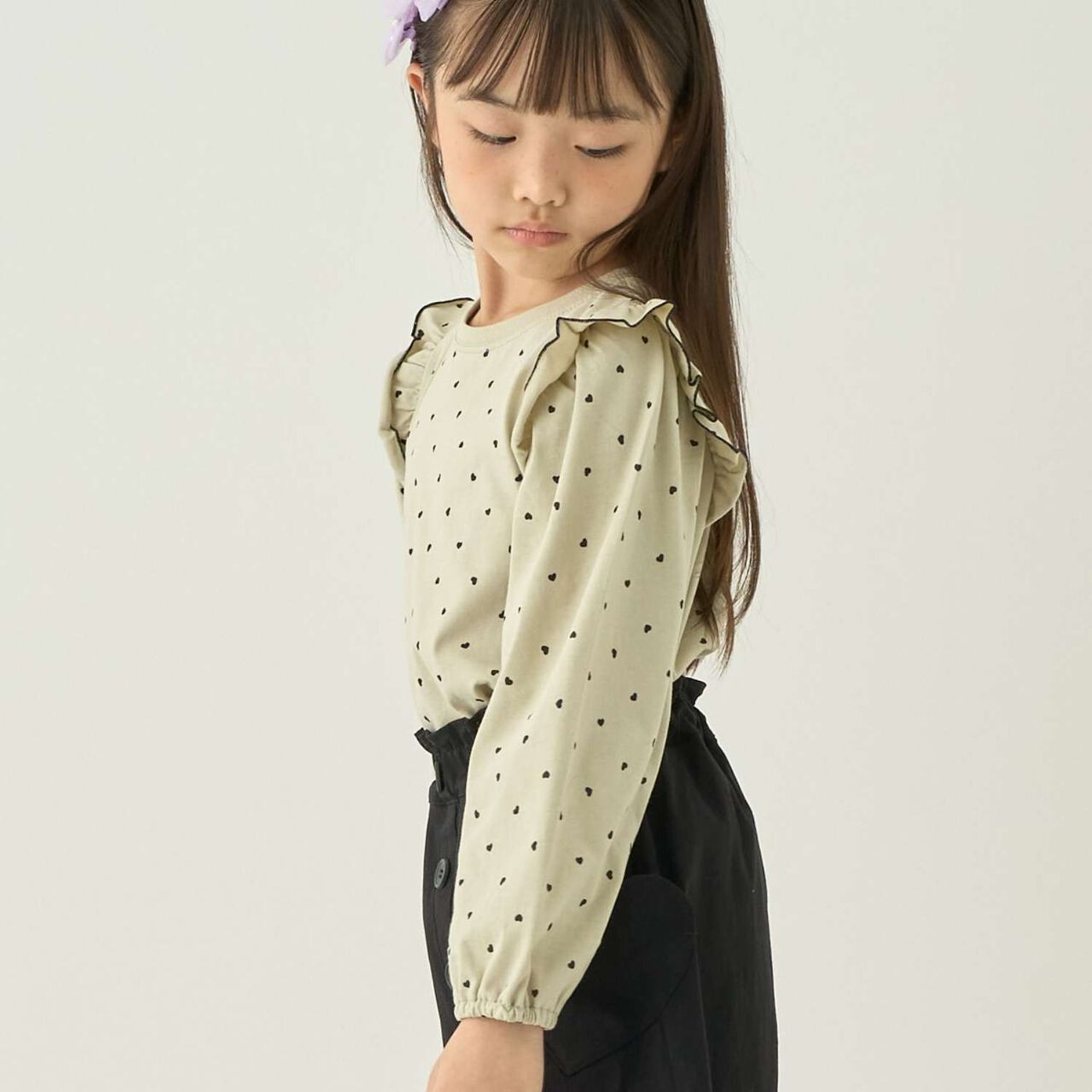 [100% Cotton] [Muteki T] [Stain Resistant/UV/Quick-Dry] Frilled Volume Sleeve All-Over Pattern T-Shirt for Girls [Kids],Blue gray, large image number 4