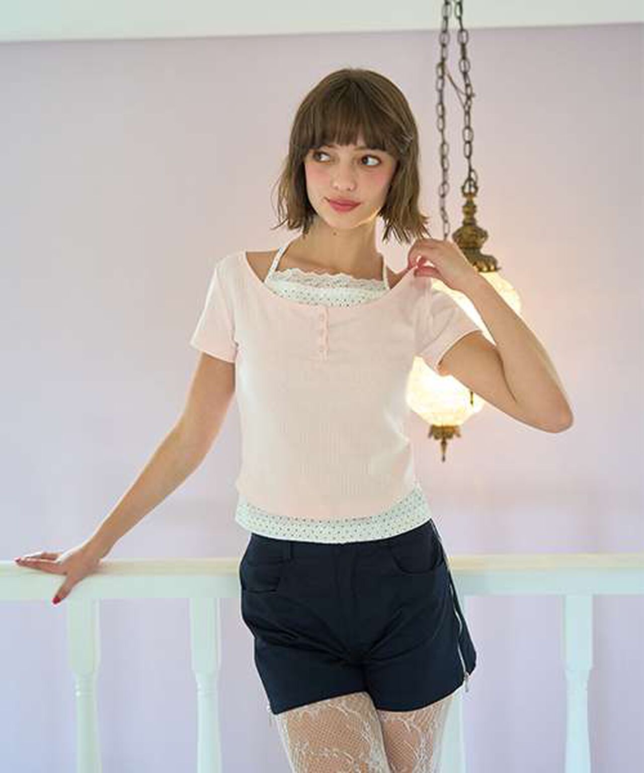Dot Camisole Layered Top [Korean Fashion],Pink, large image number 0